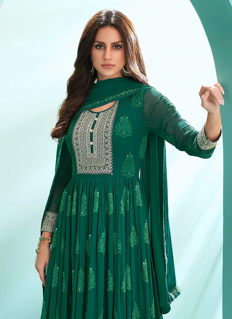 Dark Green Lucknowi Zari Embroidered Designer Anarkali Suit