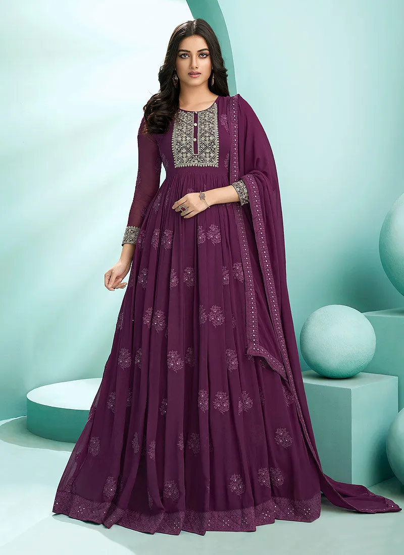 Deep Purple Lucknowi Zari Embroidered Designer Anarkali Suit