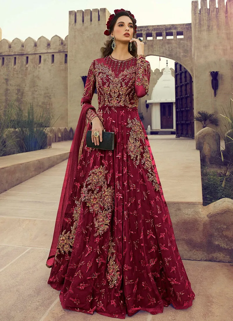 Deep Red Golden Embroidered Flared Anarkali Suit