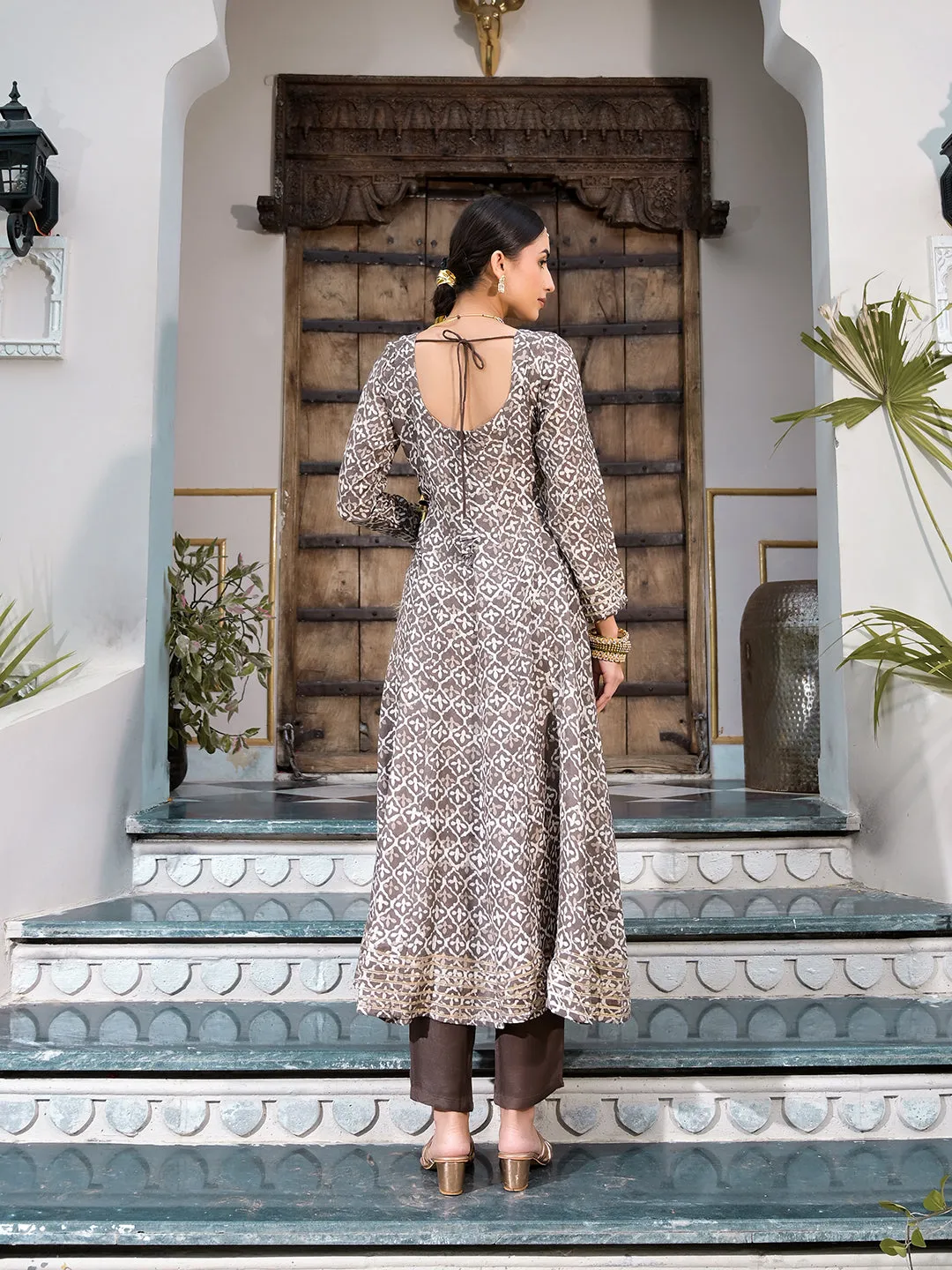 Divena Brown Asymetric Print Muslin Anarkali kurta pant with Dupatta Set