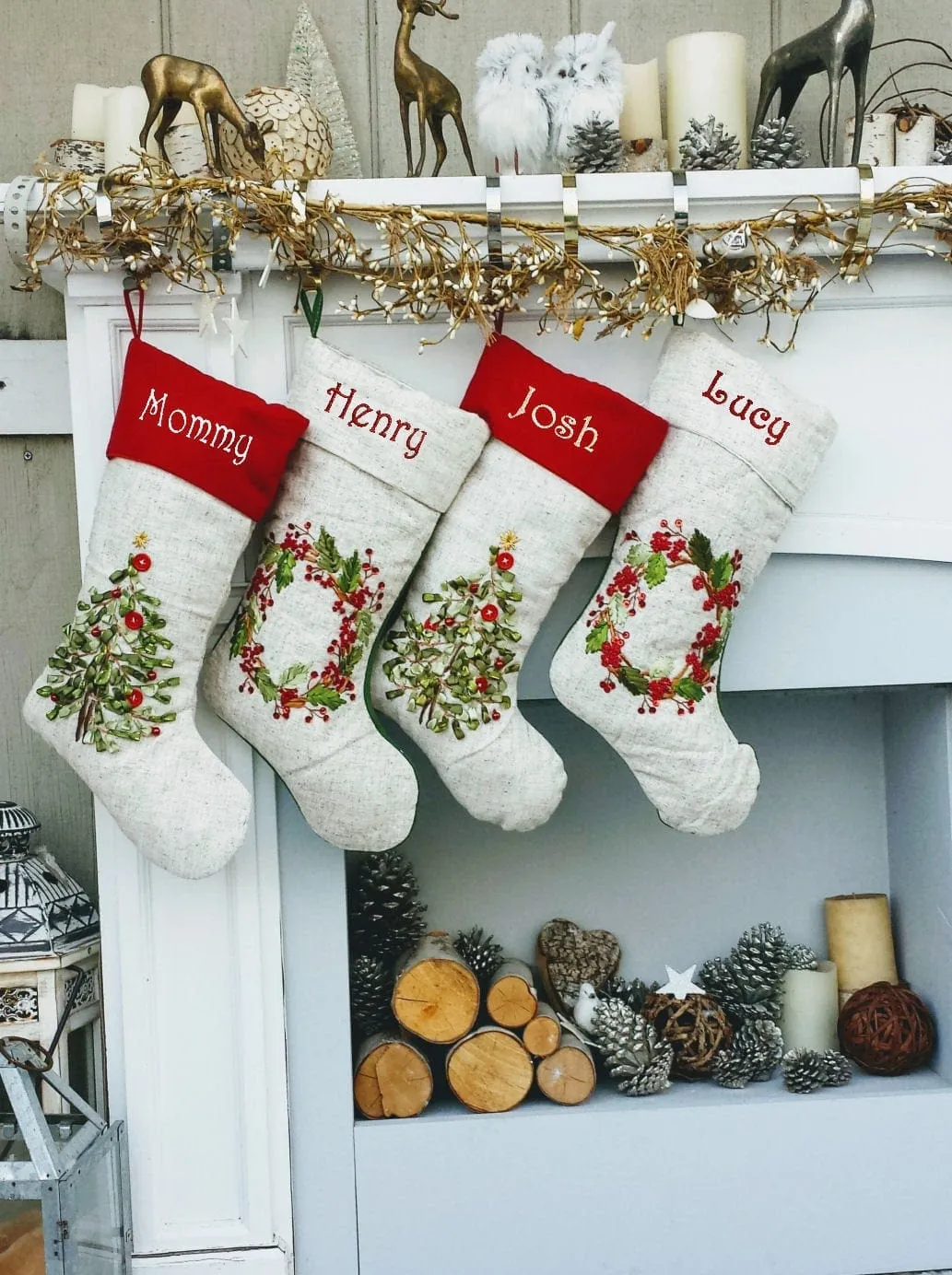 Embroidered Christmas Stockings Heirloom Linen Designer Embellished Christmas Tree Wreath White Ribbon Beads Stocking