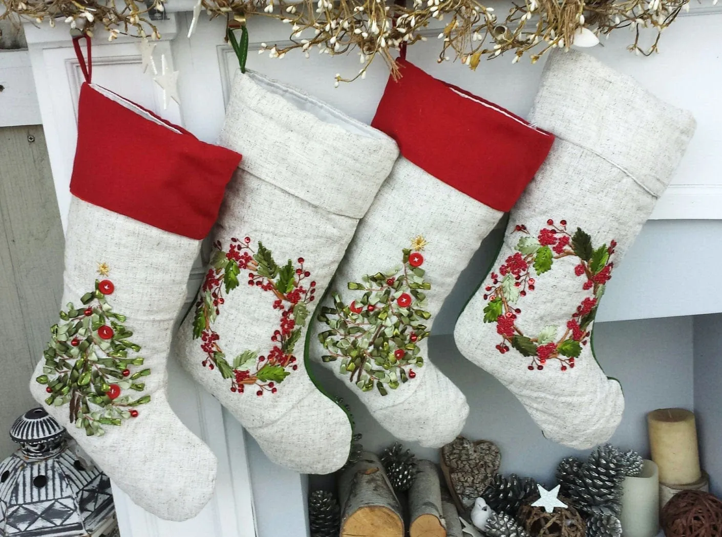 Embroidered Christmas Stockings Heirloom Linen Designer Embellished Christmas Tree Wreath White Ribbon Beads Stocking