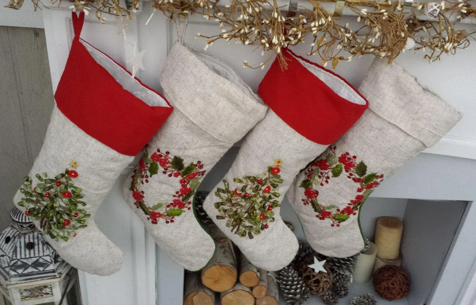 Embroidered Christmas Stockings Heirloom Linen Designer Embellished Christmas Tree Wreath White Ribbon Beads Stocking