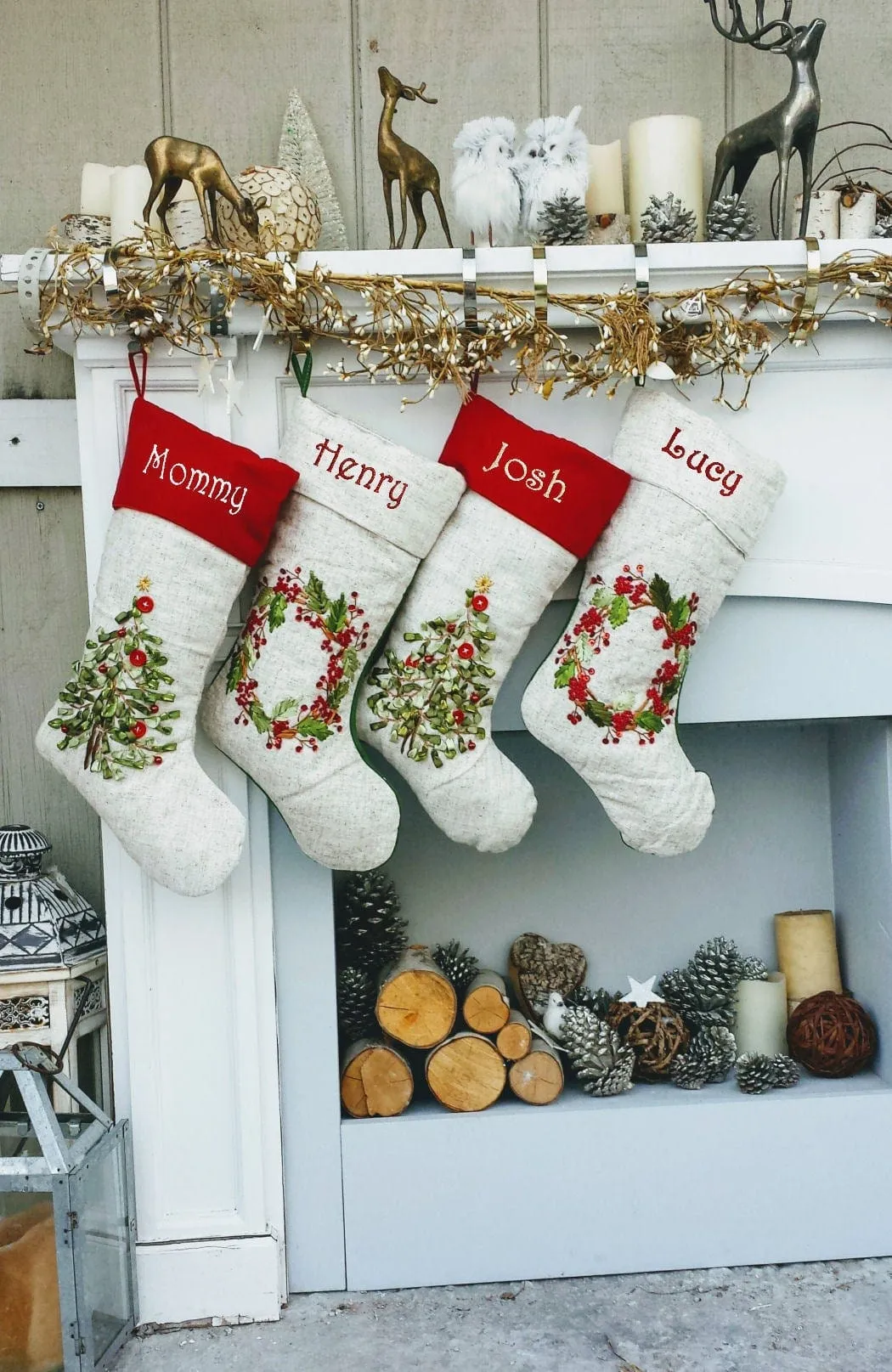 Embroidered Christmas Stockings Heirloom Linen Designer Embellished Christmas Tree Wreath White Ribbon Beads Stocking