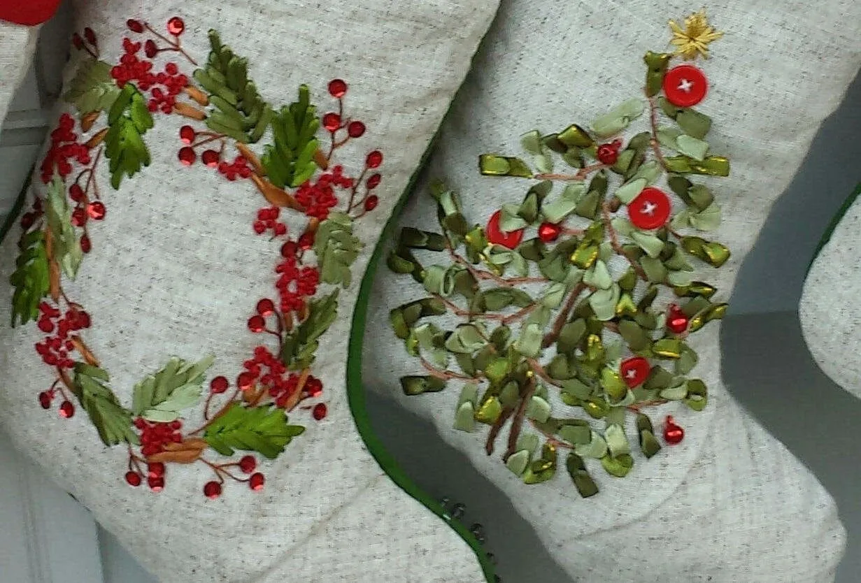 Embroidered Christmas Stockings Heirloom Linen Designer Embellished Christmas Tree Wreath White Ribbon Beads Stocking