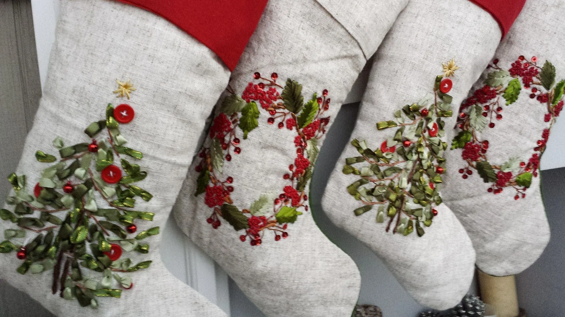 Embroidered Christmas Stockings Heirloom Linen Designer Embellished Christmas Tree Wreath White Ribbon Beads Stocking