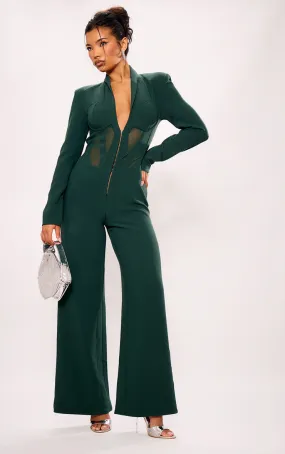 Emerald Green Mesh Panel Tailored Wide Leg Jumpsuit