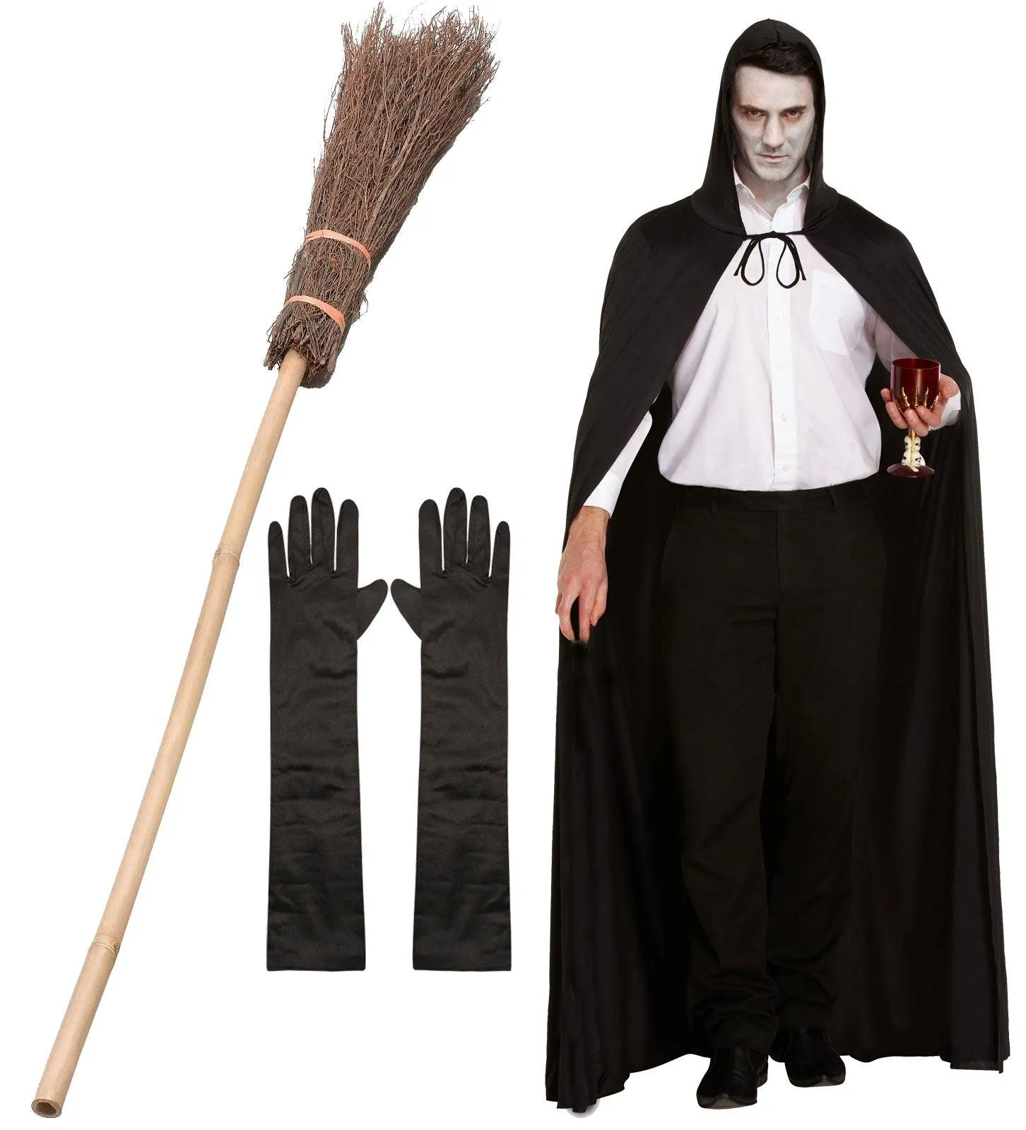 Enchanting Black Hooded Cape Witch Broomstick & Long Satin Gloves Halloween Witch Fancy Dress Costume Set