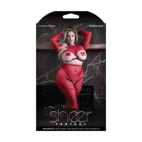 Fantasy Lingerie Sheer Follow Up Longsleeve Open Top: Crotchless Tights & 1 Pair of Pasties Red Queen Size