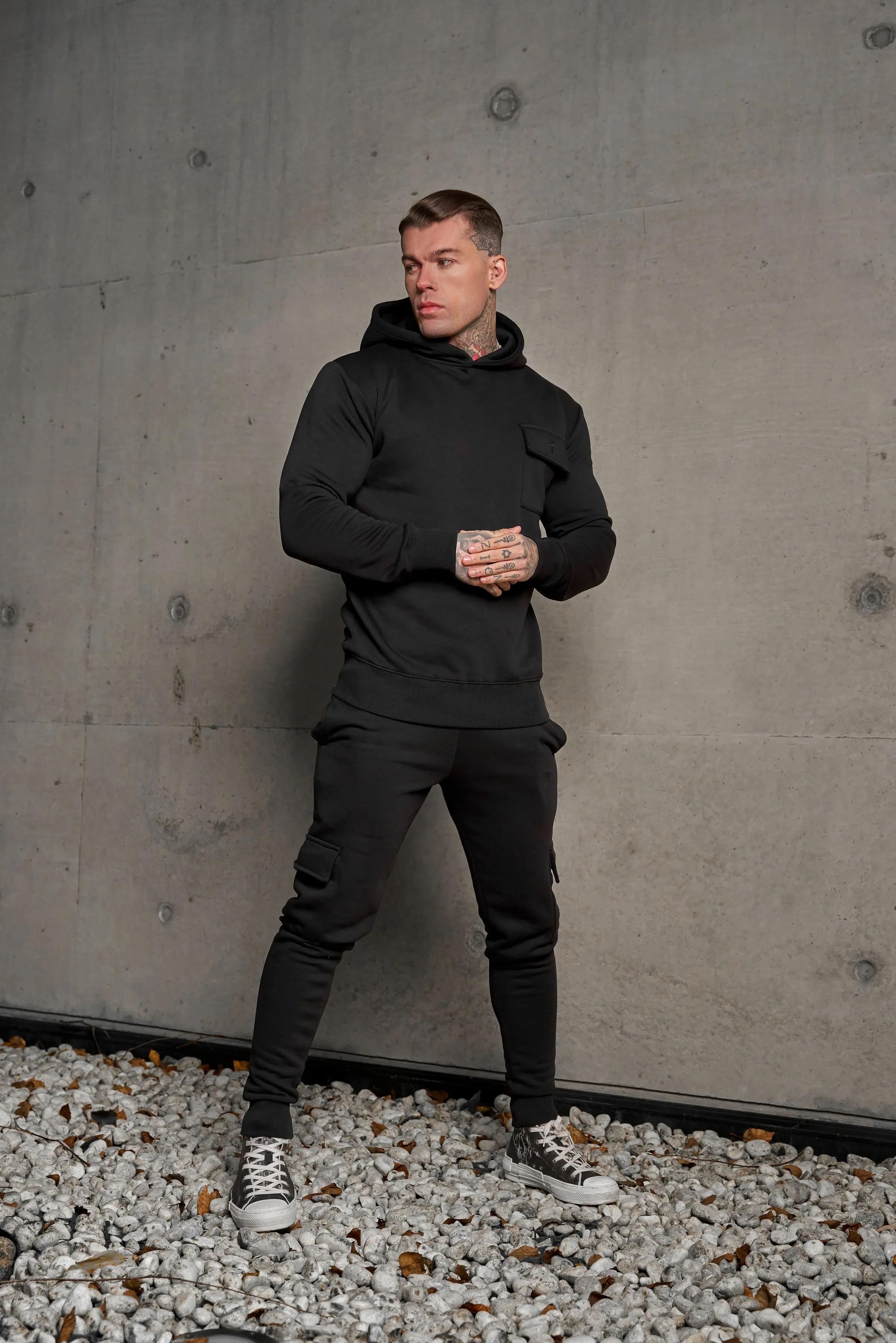 Father Sons Black Cargo Hoodie With FS Embroidery - FSH929