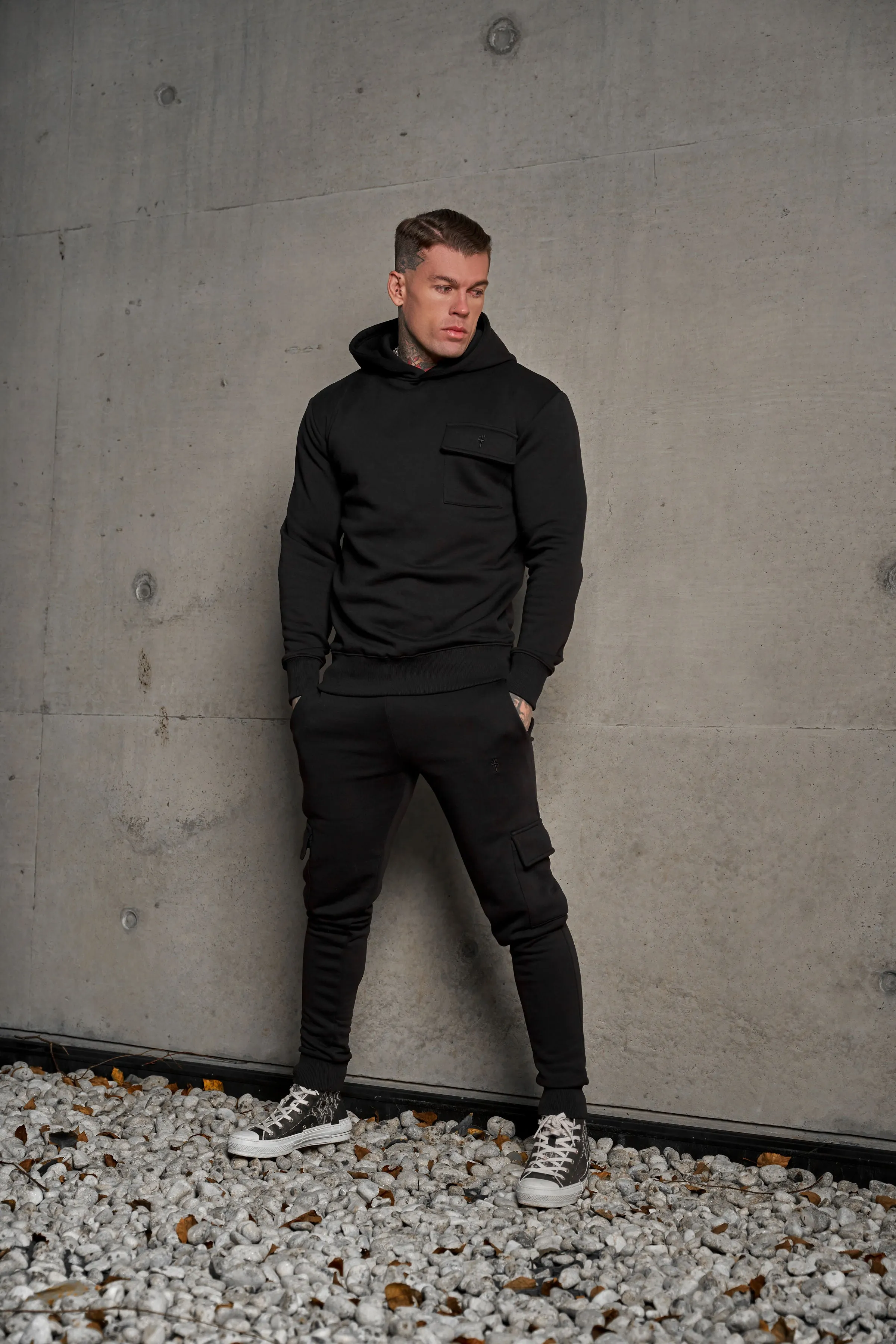 Father Sons Black Cargo Hoodie With FS Embroidery - FSH929