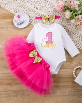 First Birthday Outfit will  Long Sleeve, Cerise Pink Tutu and Headband  #10020022