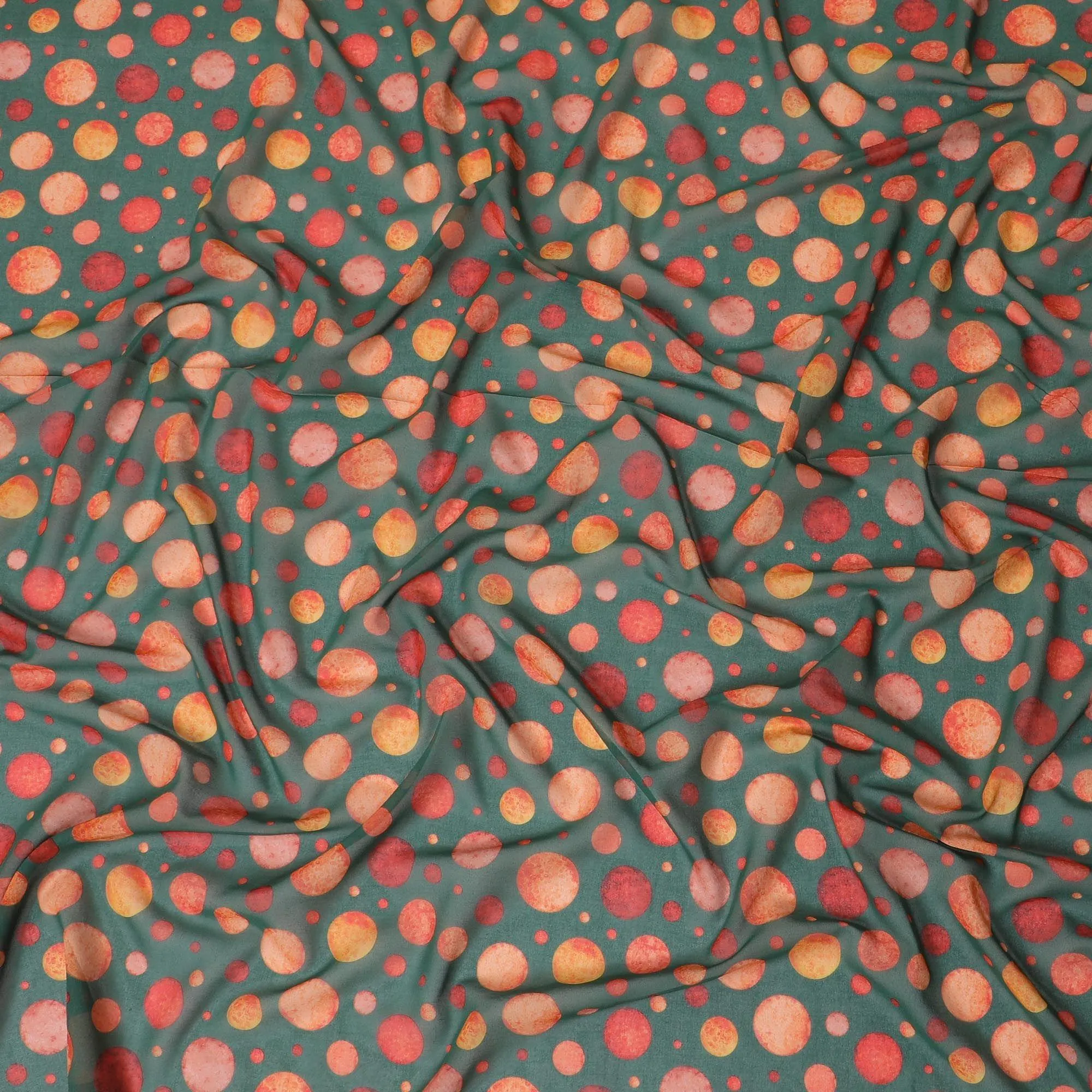 Forest green cotton voile fabric with squash orange and flax yellow print in polka dot design-D10358