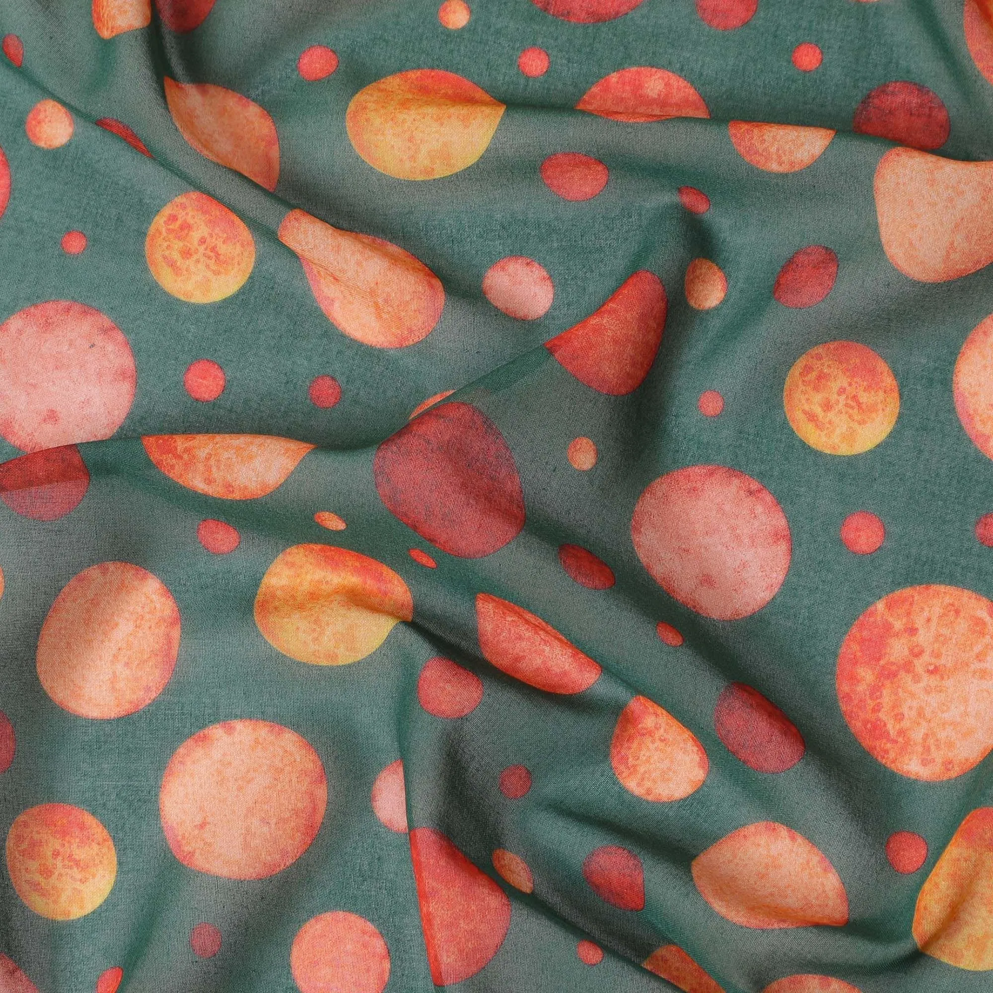 Forest green cotton voile fabric with squash orange and flax yellow print in polka dot design-D10358