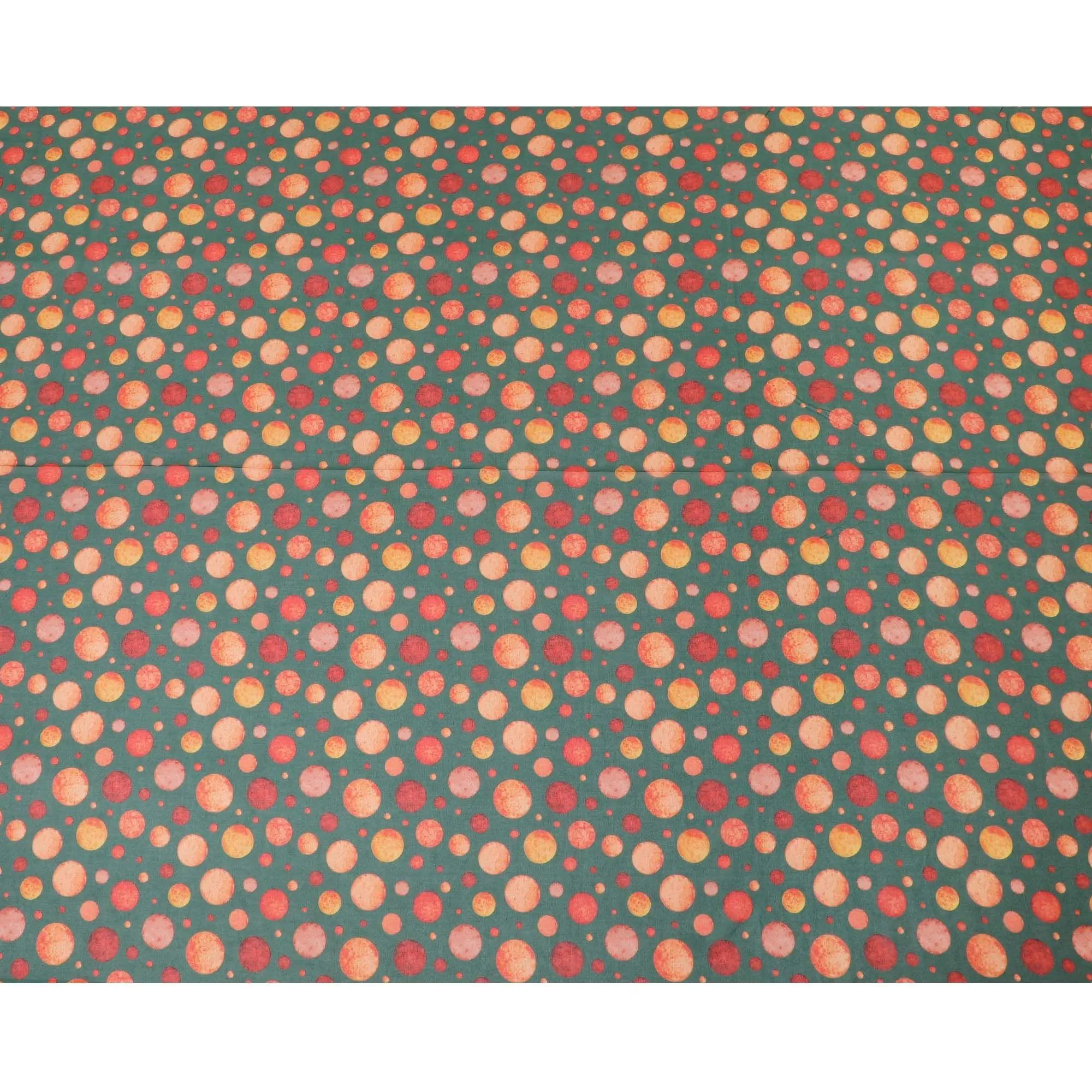 Forest green cotton voile fabric with squash orange and flax yellow print in polka dot design-D10358