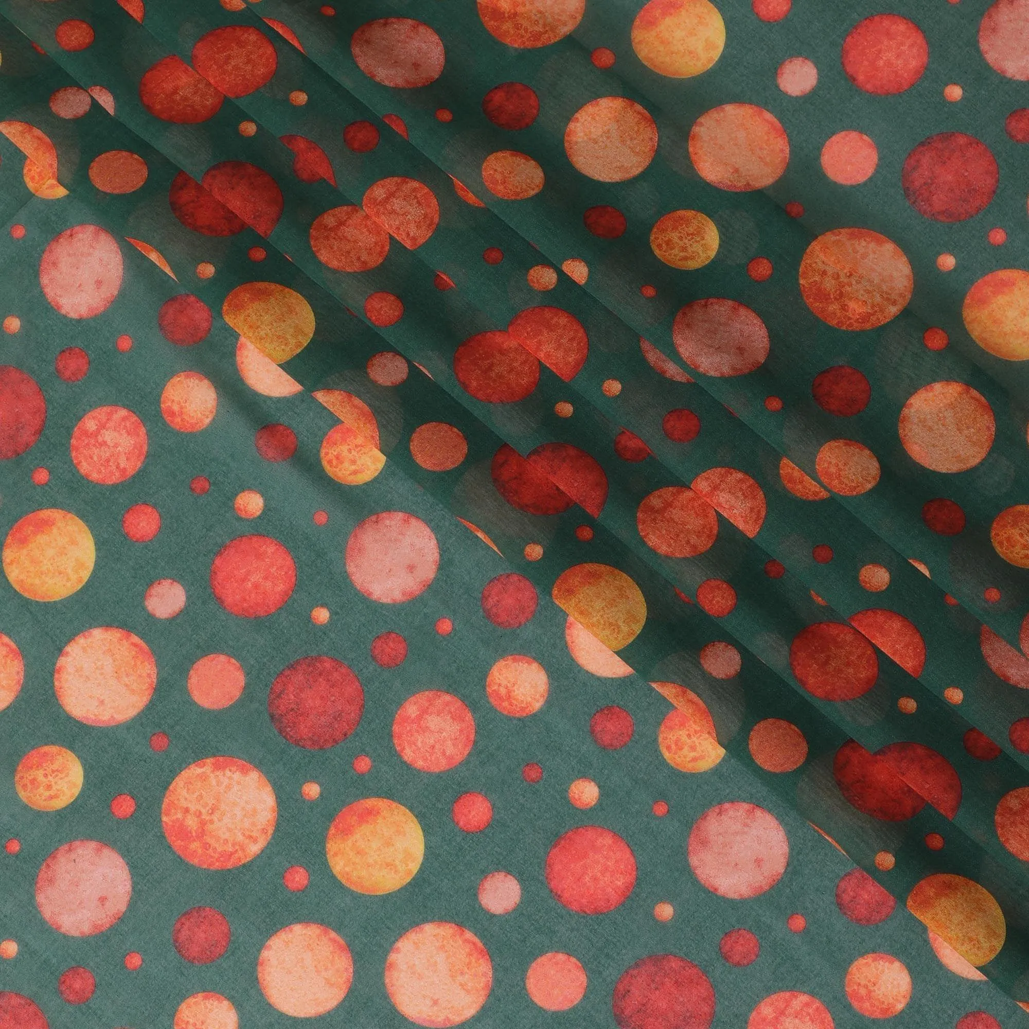 Forest green cotton voile fabric with squash orange and flax yellow print in polka dot design-D10358