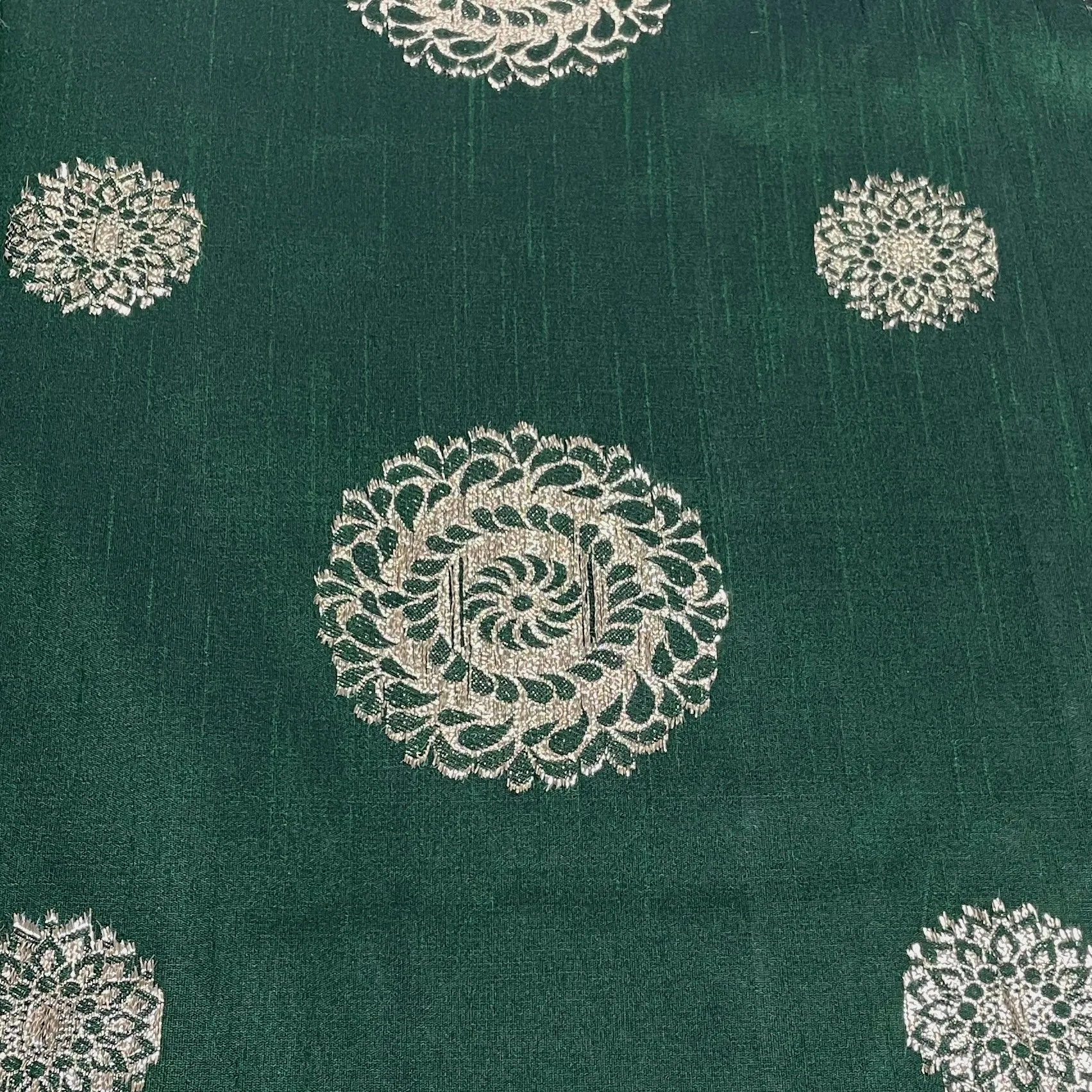 Forest Green Floral With Gold Foil Dupion Silk Fabric