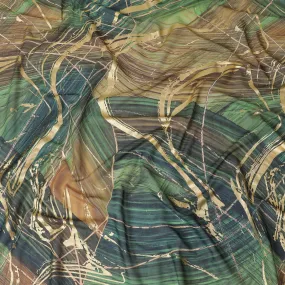 Forest green Premium pure Italian cotton voile fabric with same tone, black, petrol blue print having golden foil in abstract design-D15705