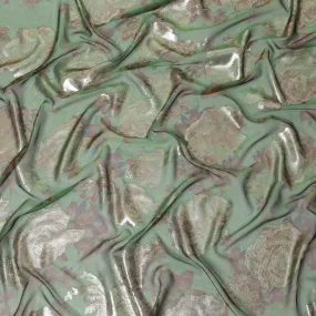 Forest green premium pure silk chiffon fabric with brown print having gold metallic lurex in floral design-D10782