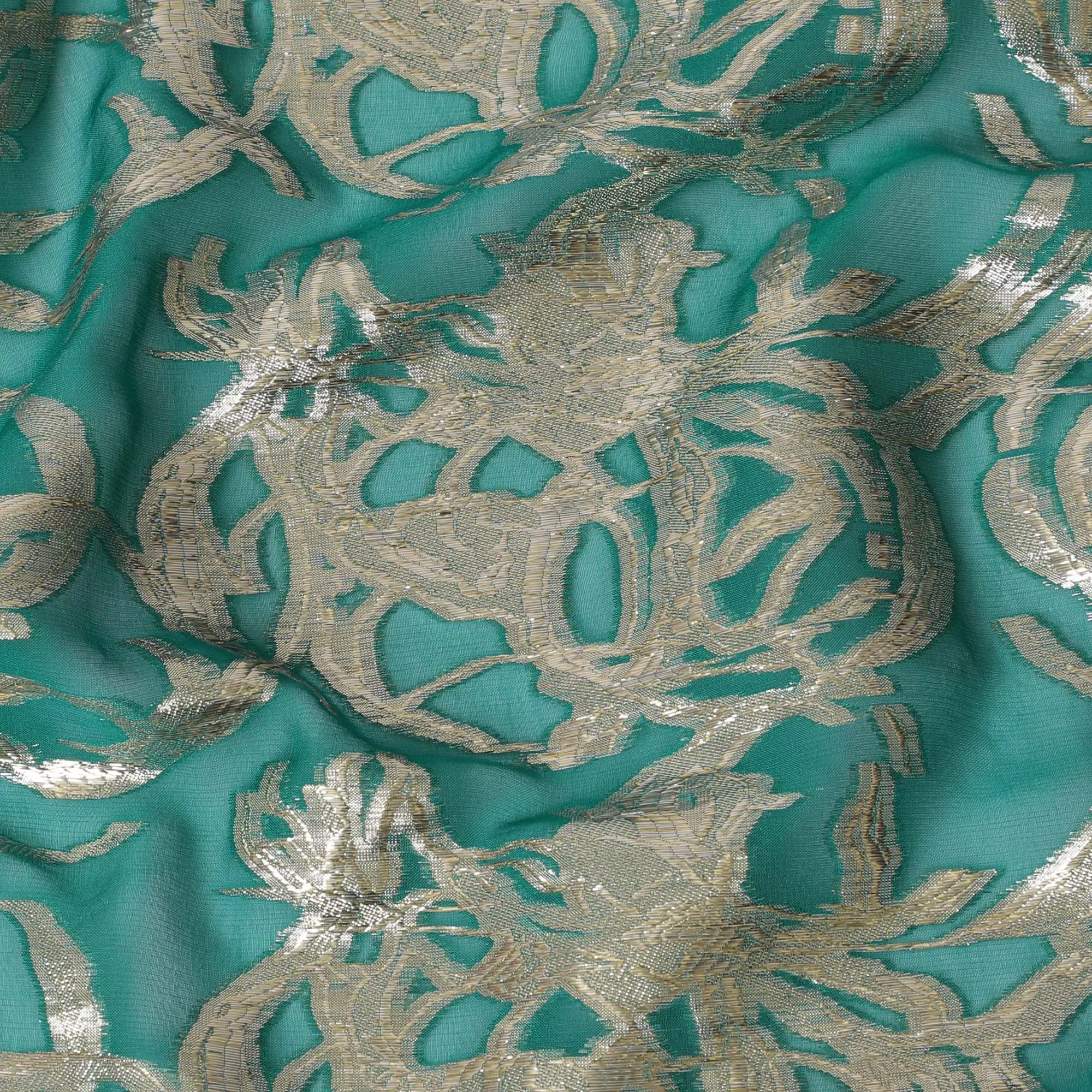 Forest green Premium pure silk chiffon fabric with gold metallic lurex in abstract design-D17224