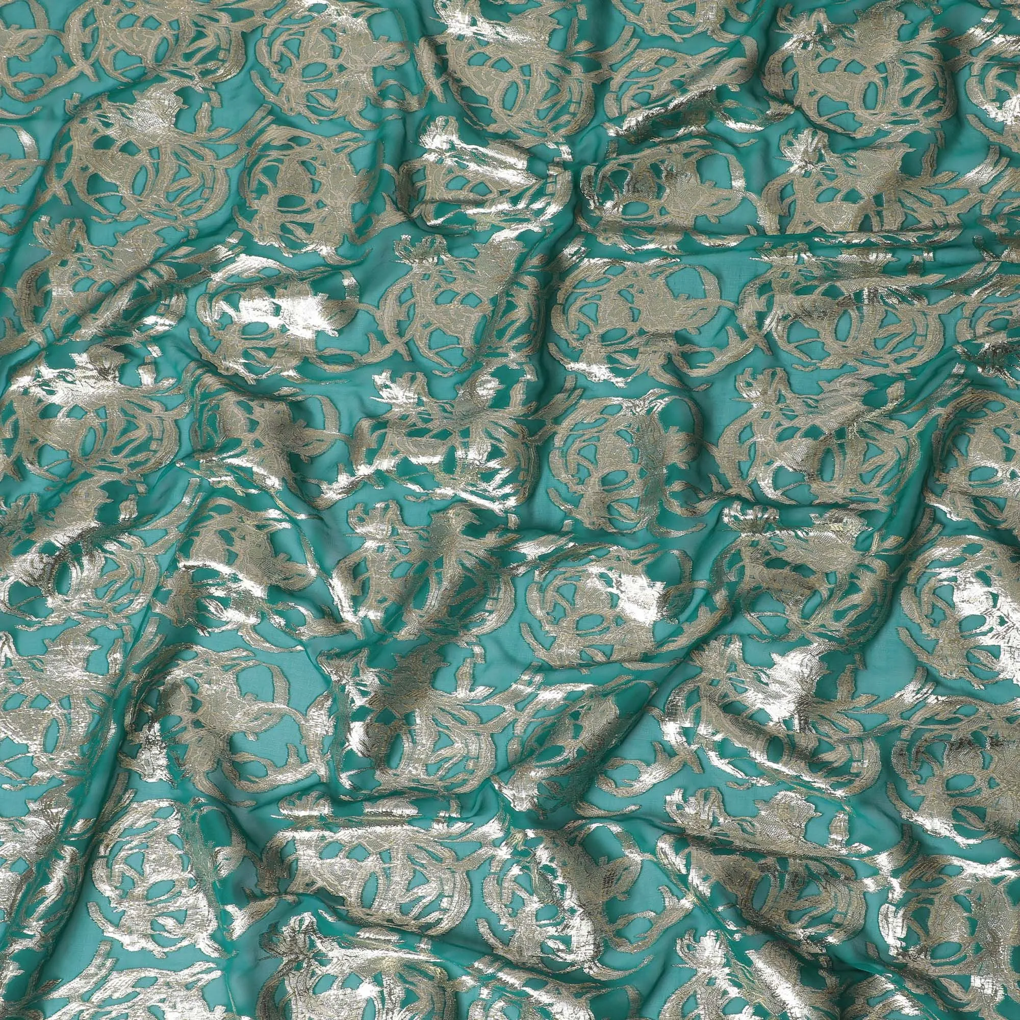 Forest green Premium pure silk chiffon fabric with gold metallic lurex in abstract design-D17224