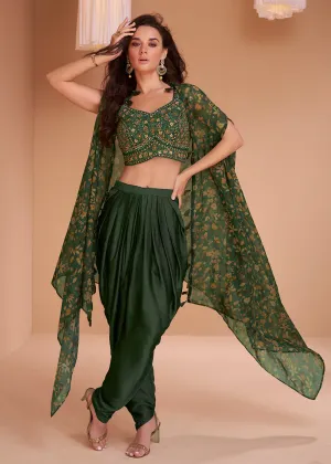 Forest Green Satin Silk Indo Western Style Dhoti Pant Suit