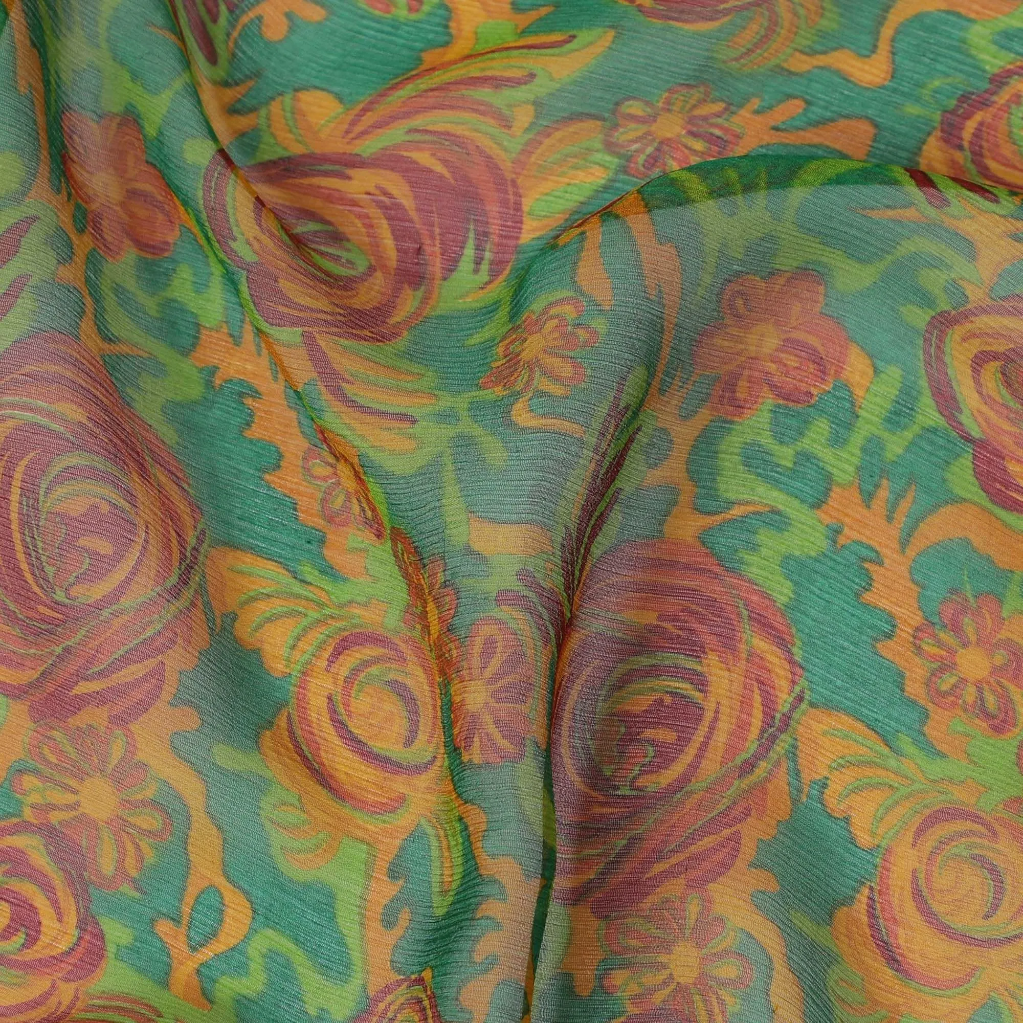 Forest green silk chiffon fabric with multicolor print in floral design-D12916