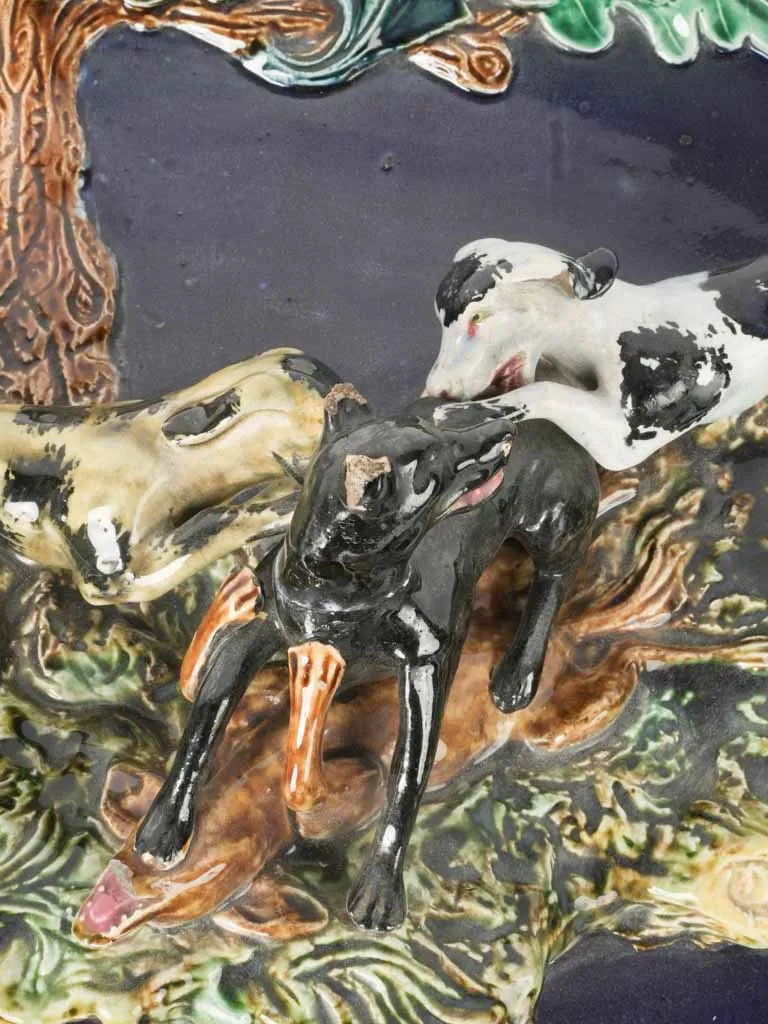 French Barbotine glazed ceramic platter w/ dog hunt scene 22¾" x 15¼"