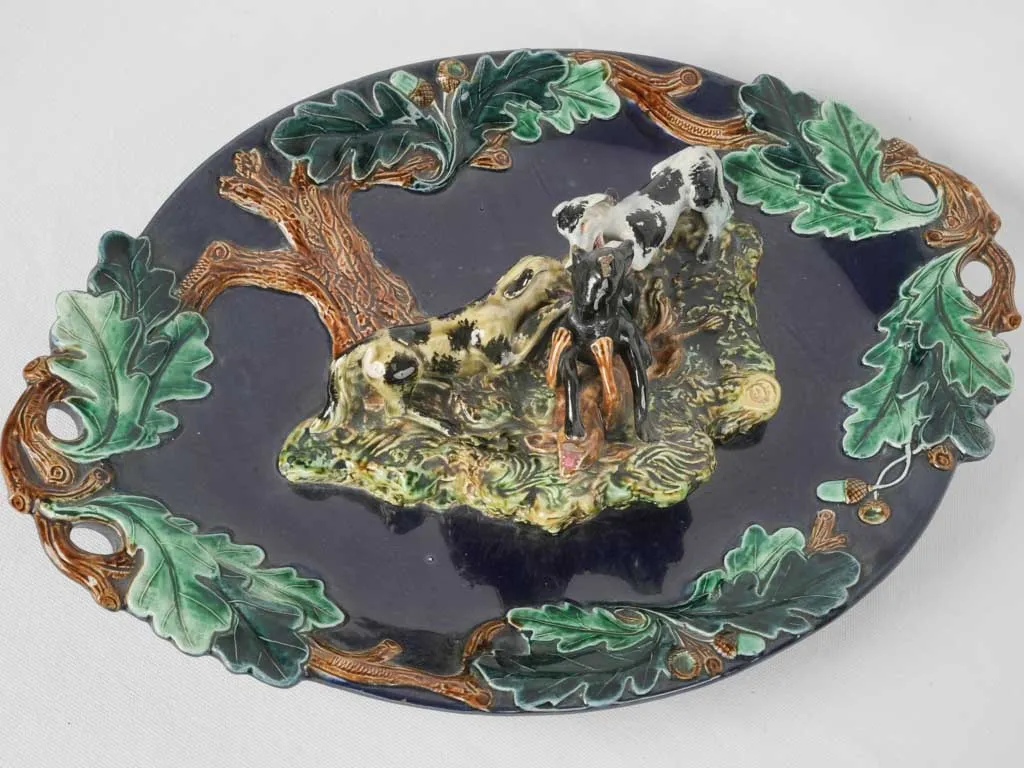 French Barbotine glazed ceramic platter w/ dog hunt scene 22¾" x 15¼"