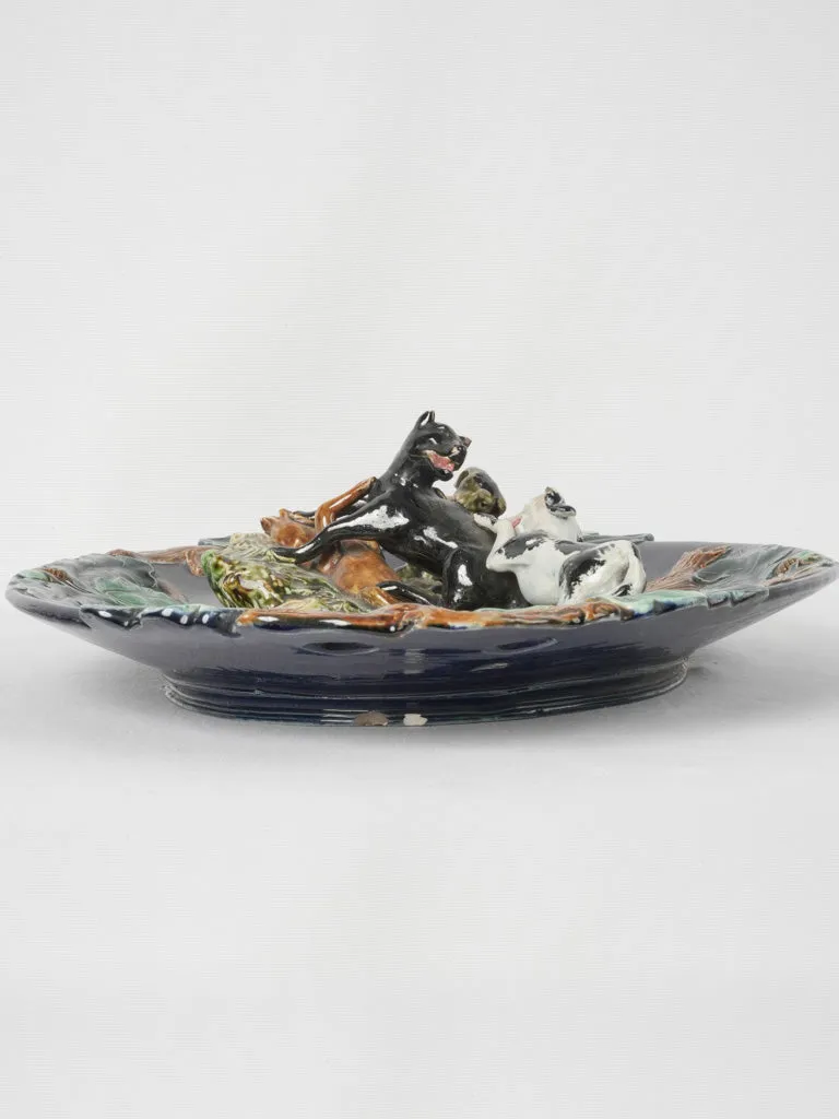 French Barbotine glazed ceramic platter w/ dog hunt scene 22¾" x 15¼"