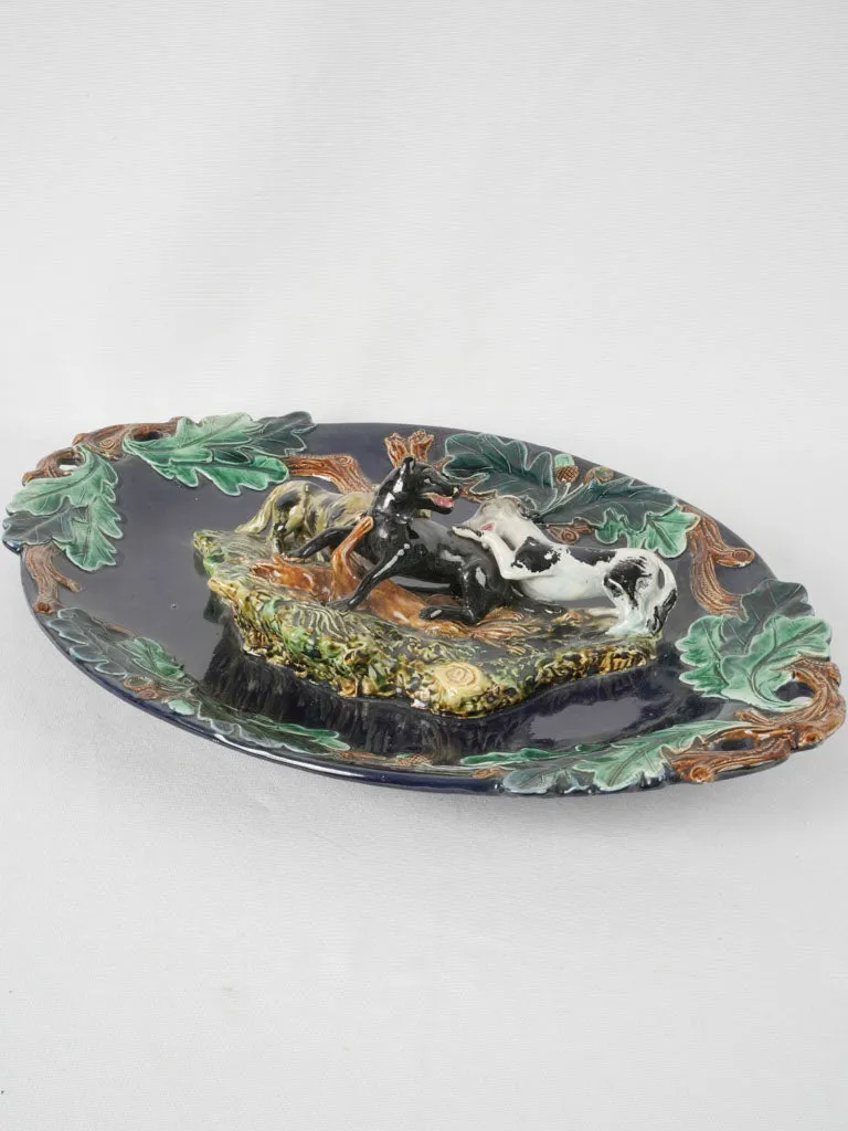 French Barbotine glazed ceramic platter w/ dog hunt scene 22¾" x 15¼"