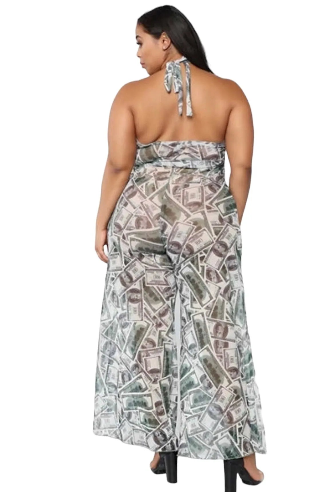 Green Money Dolla Signs Print V-Neck Sleeveless Wide Leg Sheer Jumpsuit Cover Up