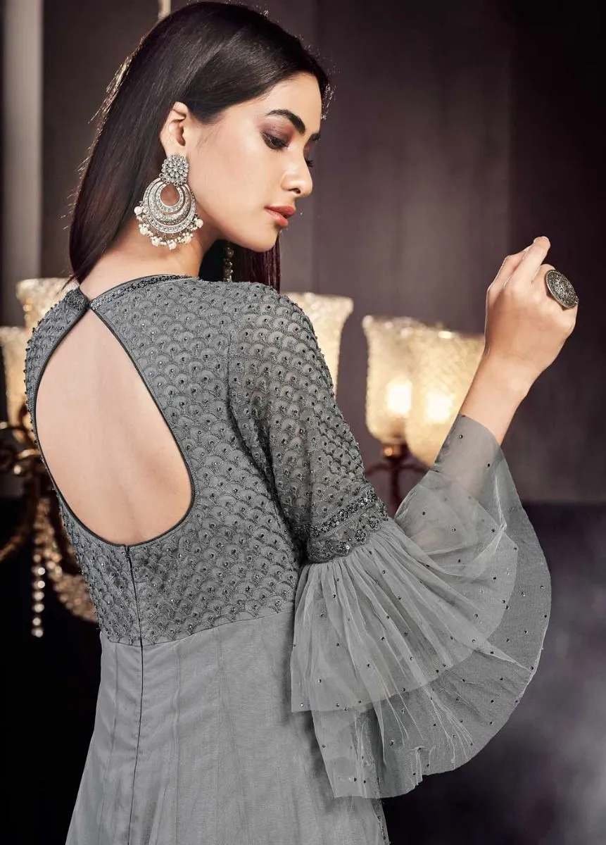 Grey Designer Embroidered Anarkali Lehenga Suit