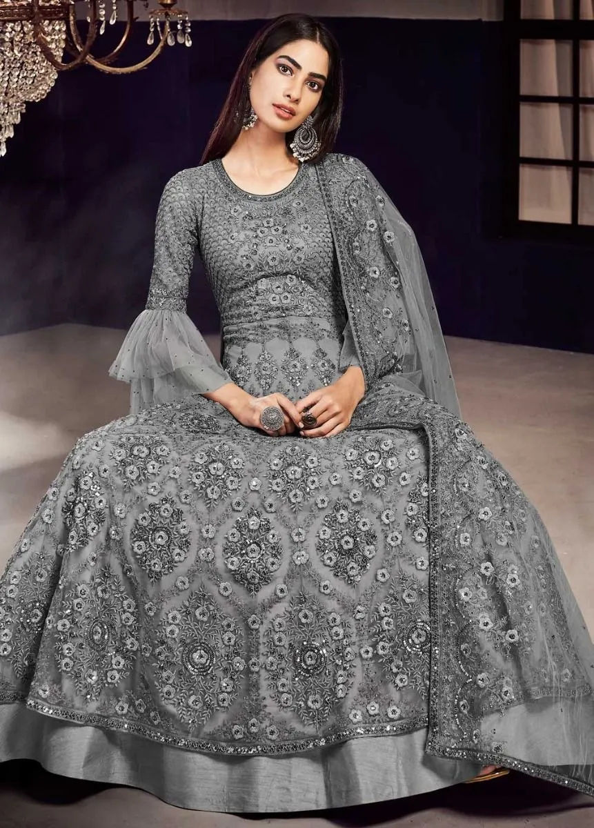 Grey Designer Embroidered Anarkali Lehenga Suit