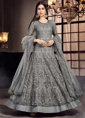 Grey Designer Embroidered Anarkali Lehenga Suit