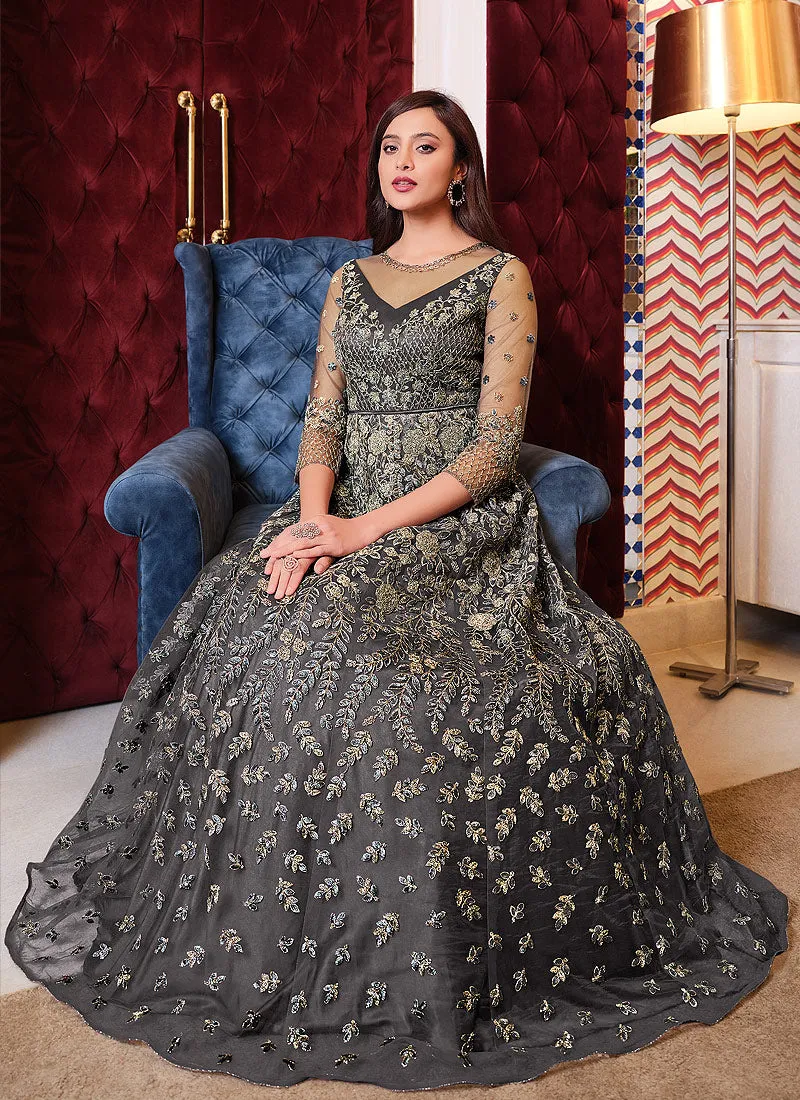 Grey Embroidered Flared Anarkali Suit