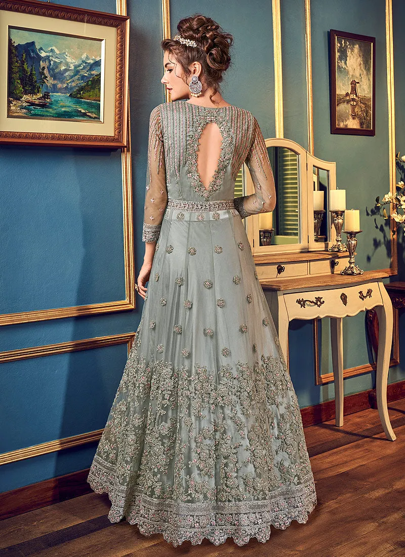 Grey Embroidered Slit Style Anarkali Lehenga Suit