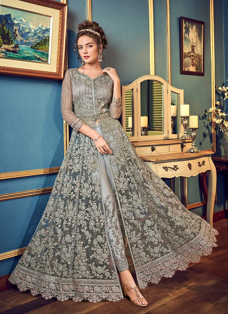 Grey Embroidered Slit Style Anarkali Lehenga Suit