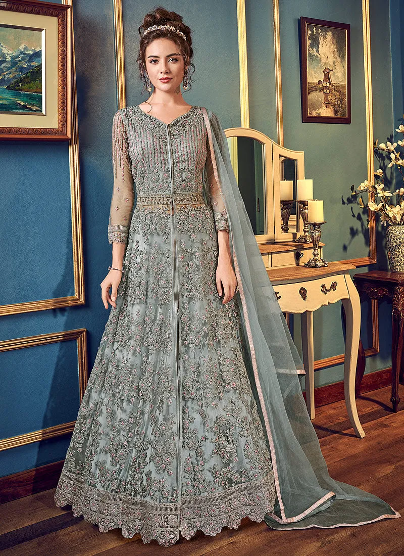 Grey Embroidered Slit Style Anarkali Lehenga Suit