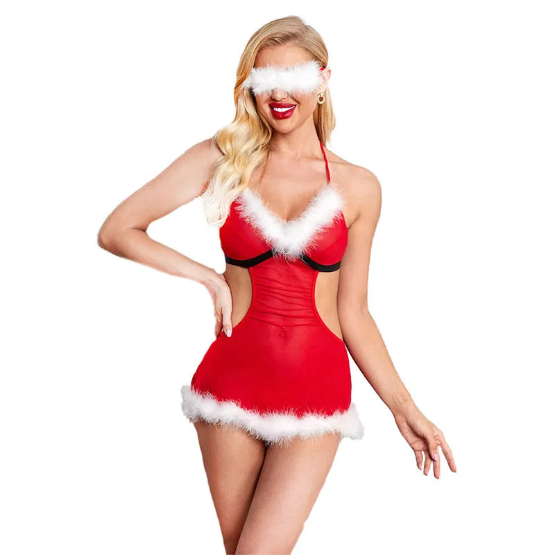 Holiday Sexy Dress Christmas Red Rabbit Fur Eye Mask Sexy Jumpsuit Sexy Suit Women