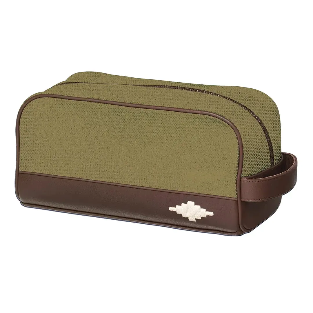 Hombre Washbag - Brown Leather & Forest Canvas w/Cream Stitching by Pampeano