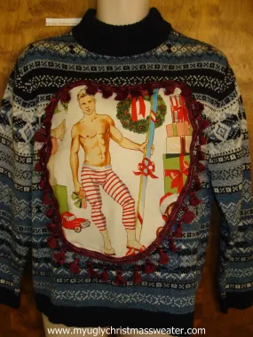 Hottie Guy Ugly Christmas Sweater with Mr. Muscle and Skis