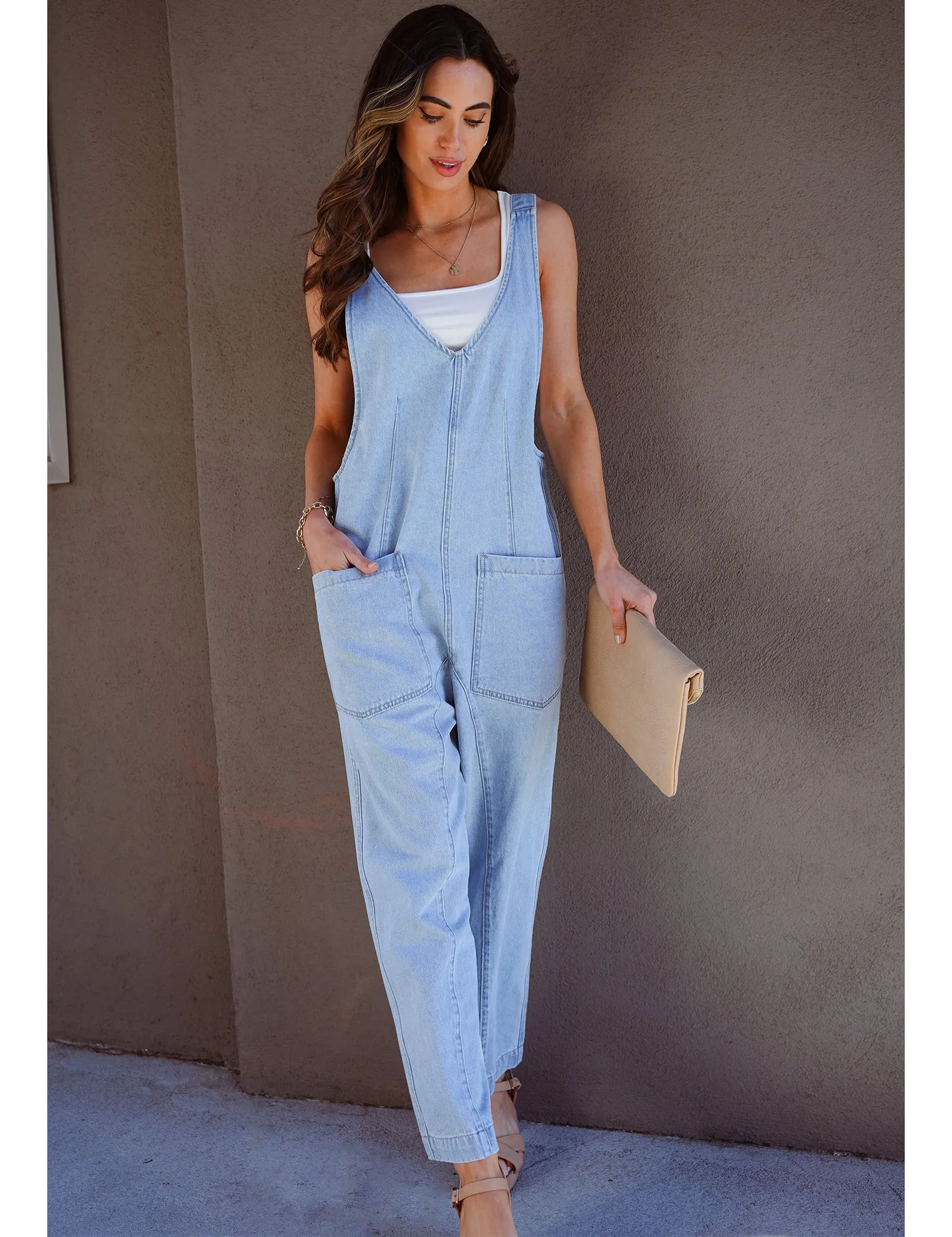 Ice Blue Women's Casual Denim Low Scoop Neckline Jumpsuits With Adjustable Shoulder Pocket Cropped Overalls