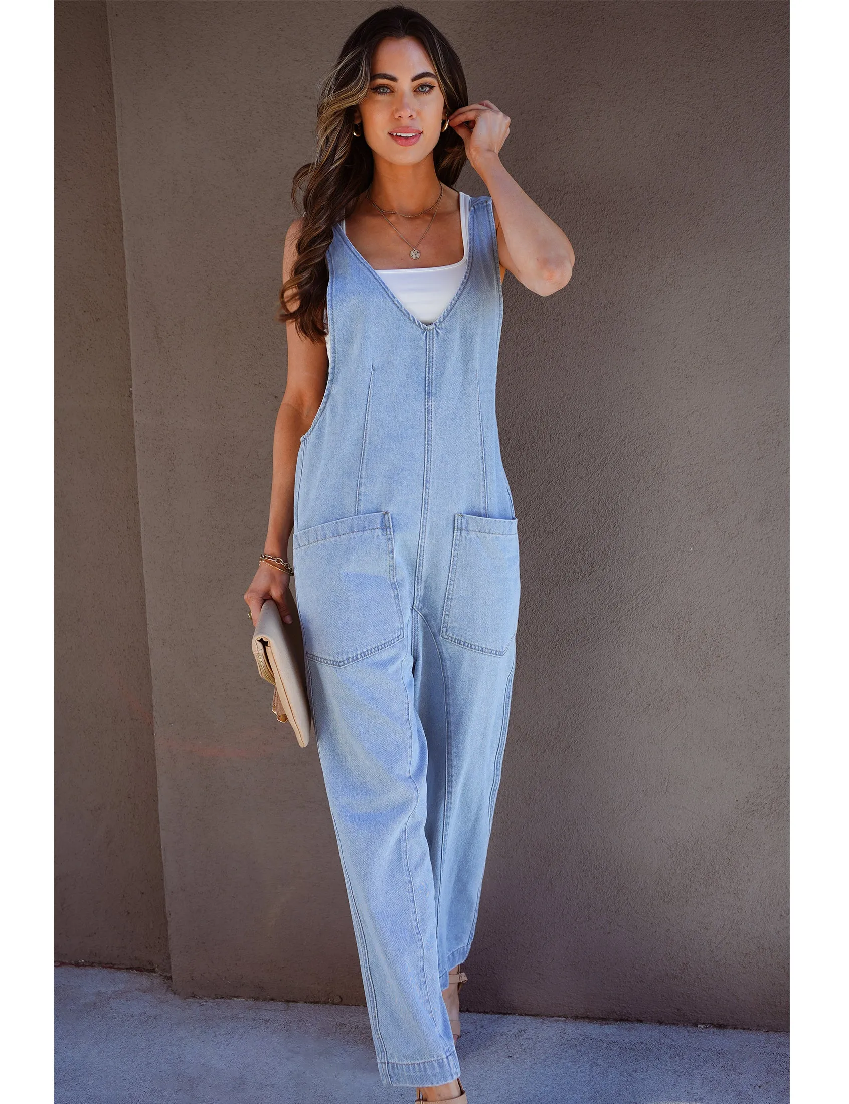 Ice Blue Women's Casual Denim Low Scoop Neckline Jumpsuits With Adjustable Shoulder Pocket Cropped Overalls