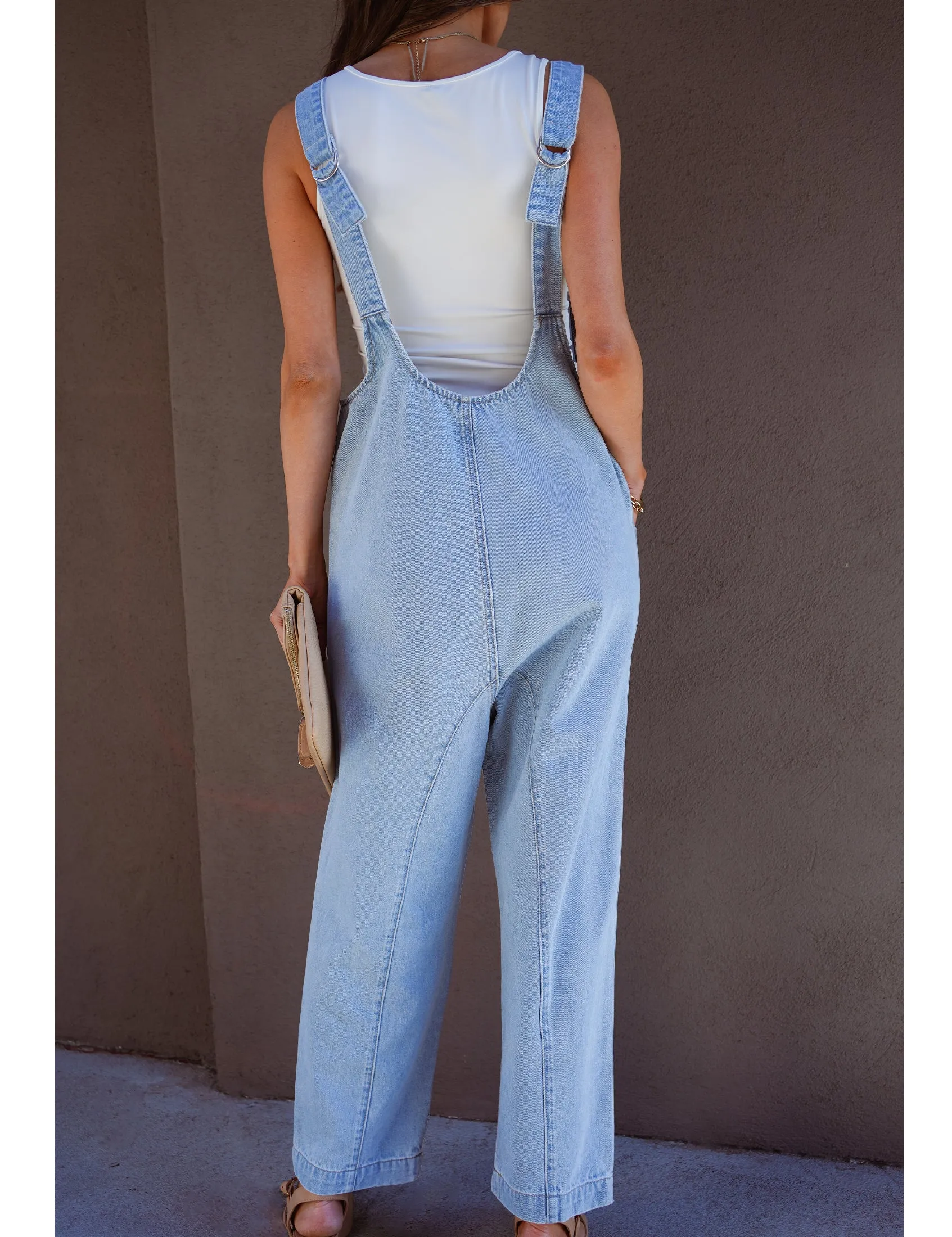 Ice Blue Women's Casual Denim Low Scoop Neckline Jumpsuits With Adjustable Shoulder Pocket Cropped Overalls