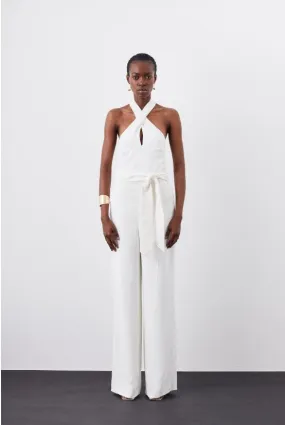 Ivory Compact Viscose Stretch Drape Tailored Jumpsuit