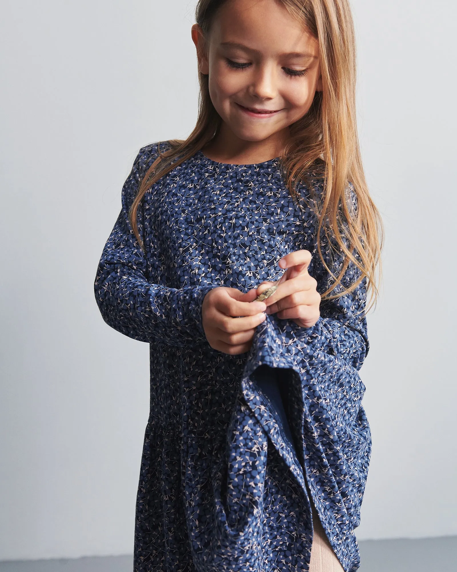 Jersey Dress w. Ditsy Print - Kids - Blue