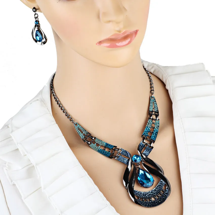 jewelry suit, exotic, antique, oil blue, blue jewel necklace, water drop suit earring clavicle chain