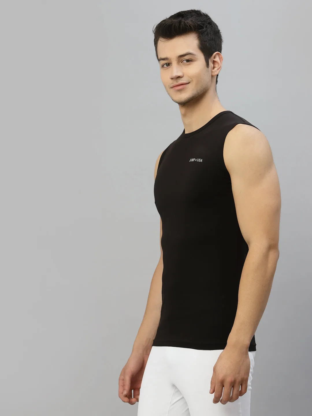 JUMP USA Men Black Pure Cotton Sleeveless Solid Tank T-shirt