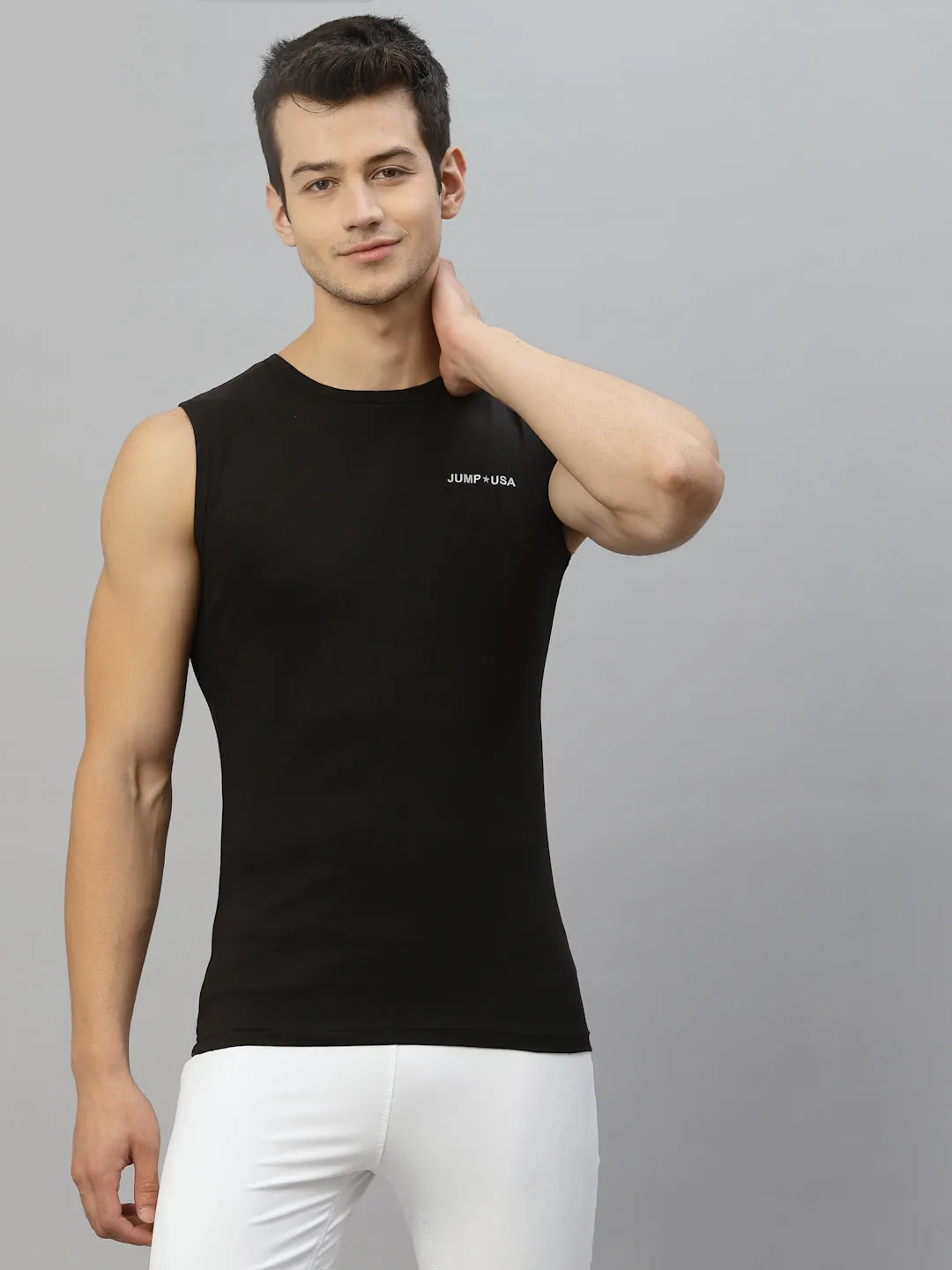 JUMP USA Men Black Pure Cotton Sleeveless Solid Tank T-shirt